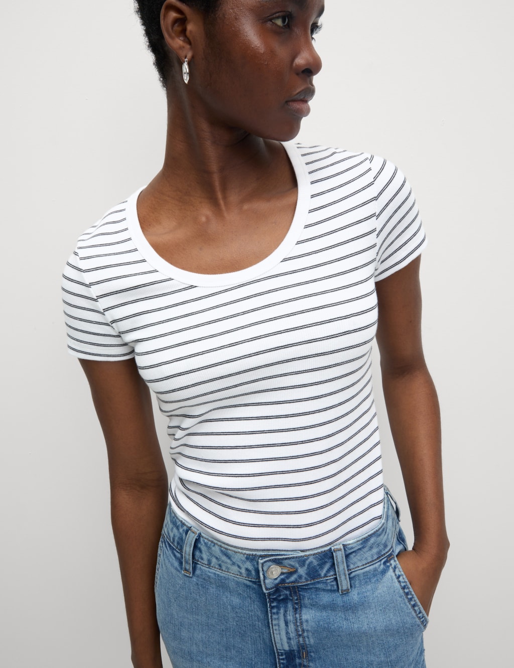 Cotton Rich Striped Scoop Neck T-Shirt 4 of 5