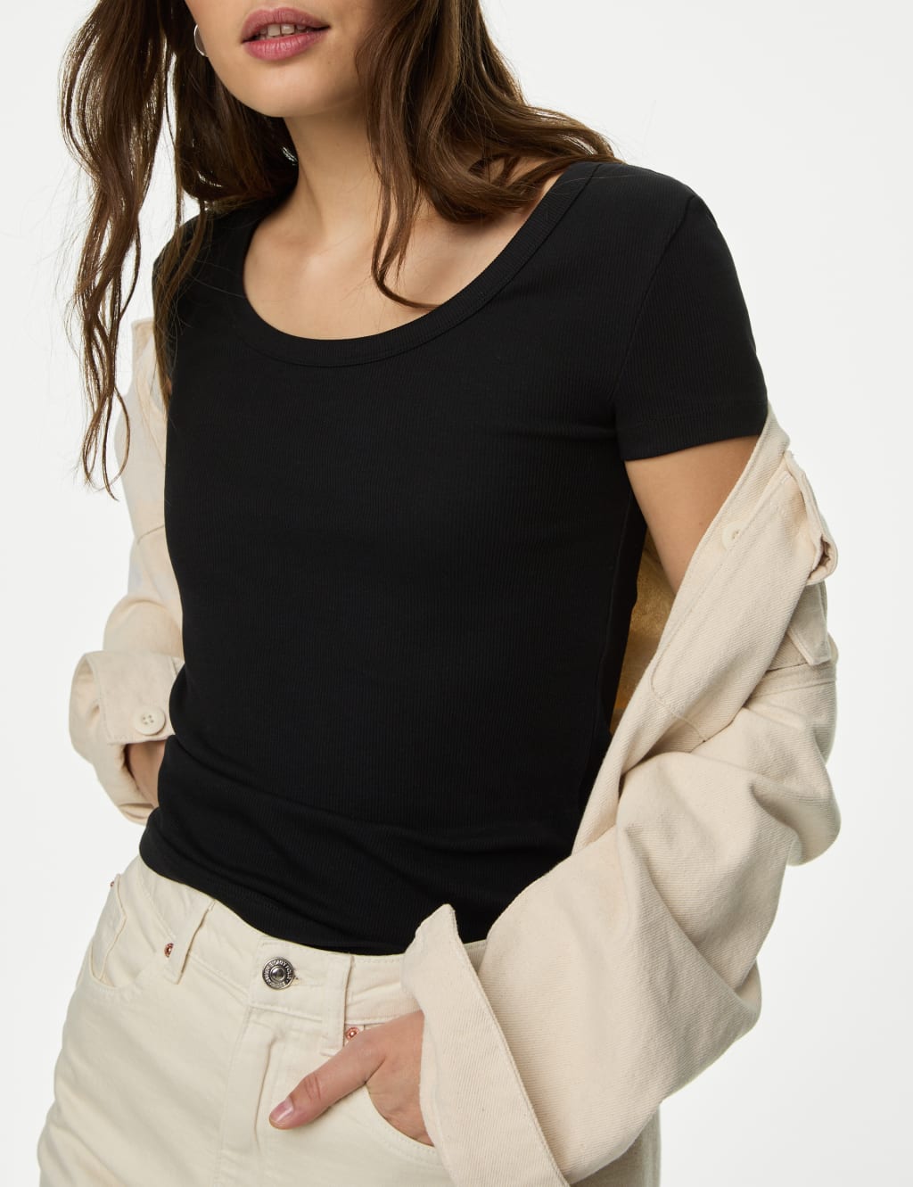 Cotton Rich Slim Ribbed Scoop Neck T shirt M S Collection M S
