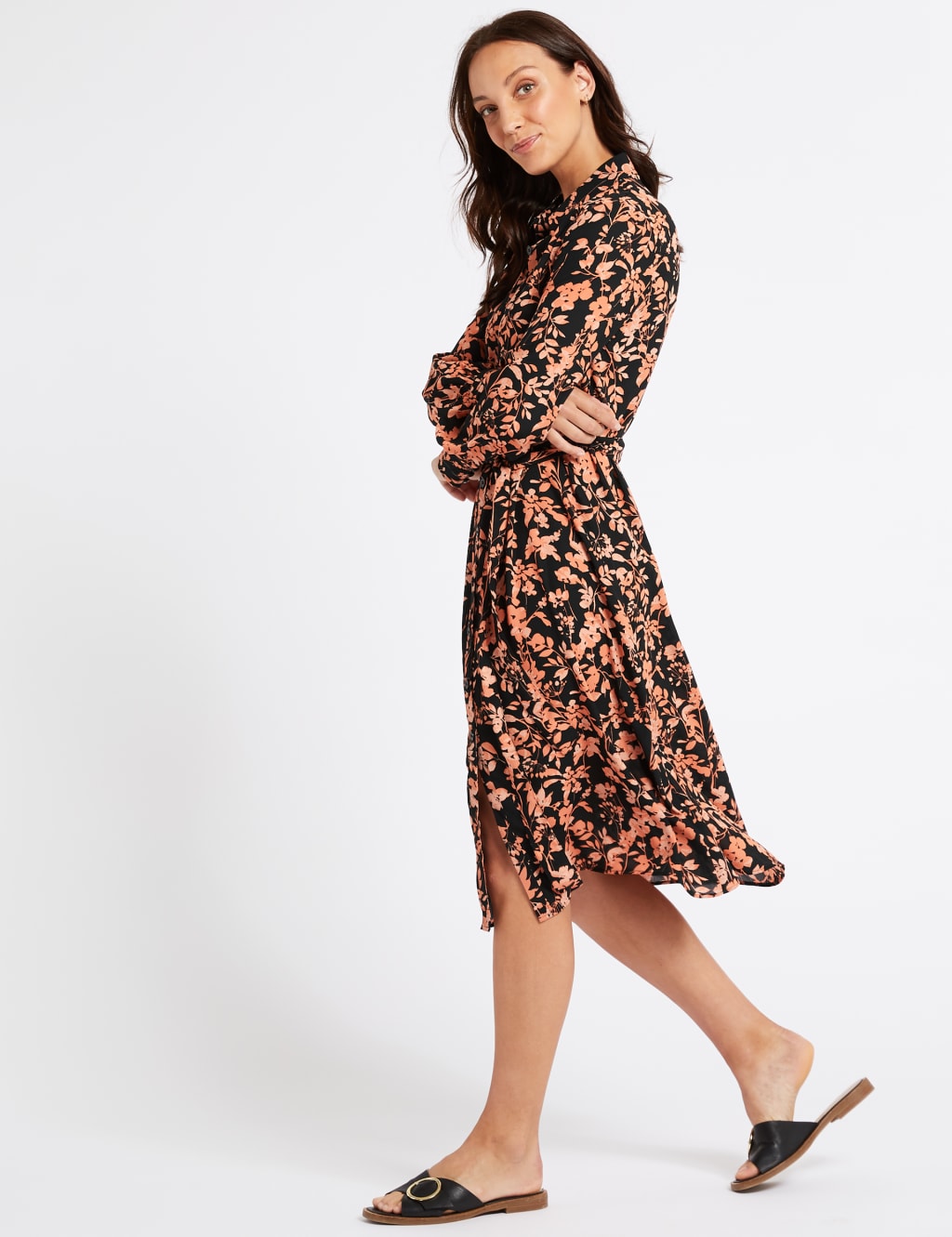 Floral Print Long Sleeve Shirt Midi Dress M S Collection M S