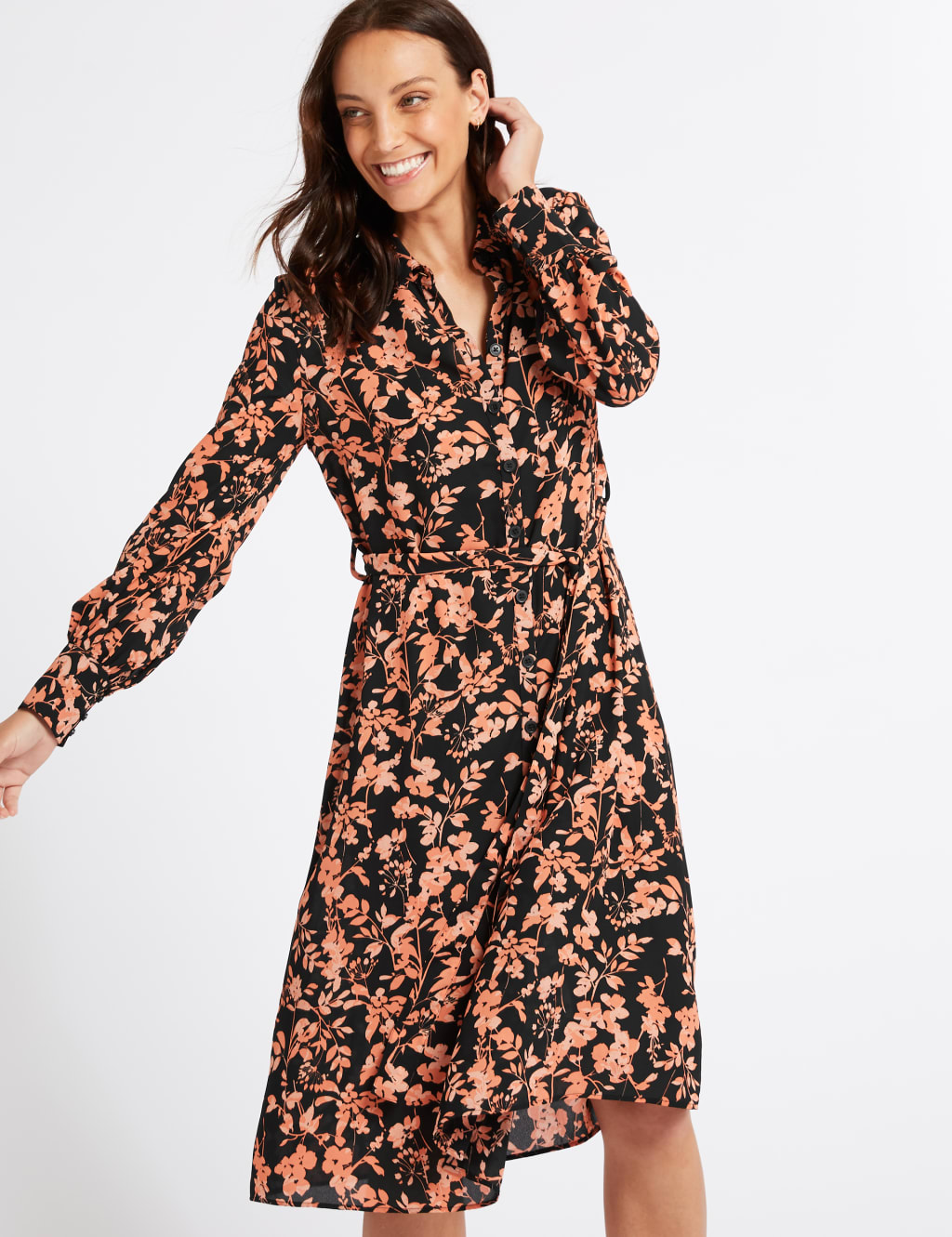 Floral Print Long Sleeve Shirt Midi Dress 3 of 4