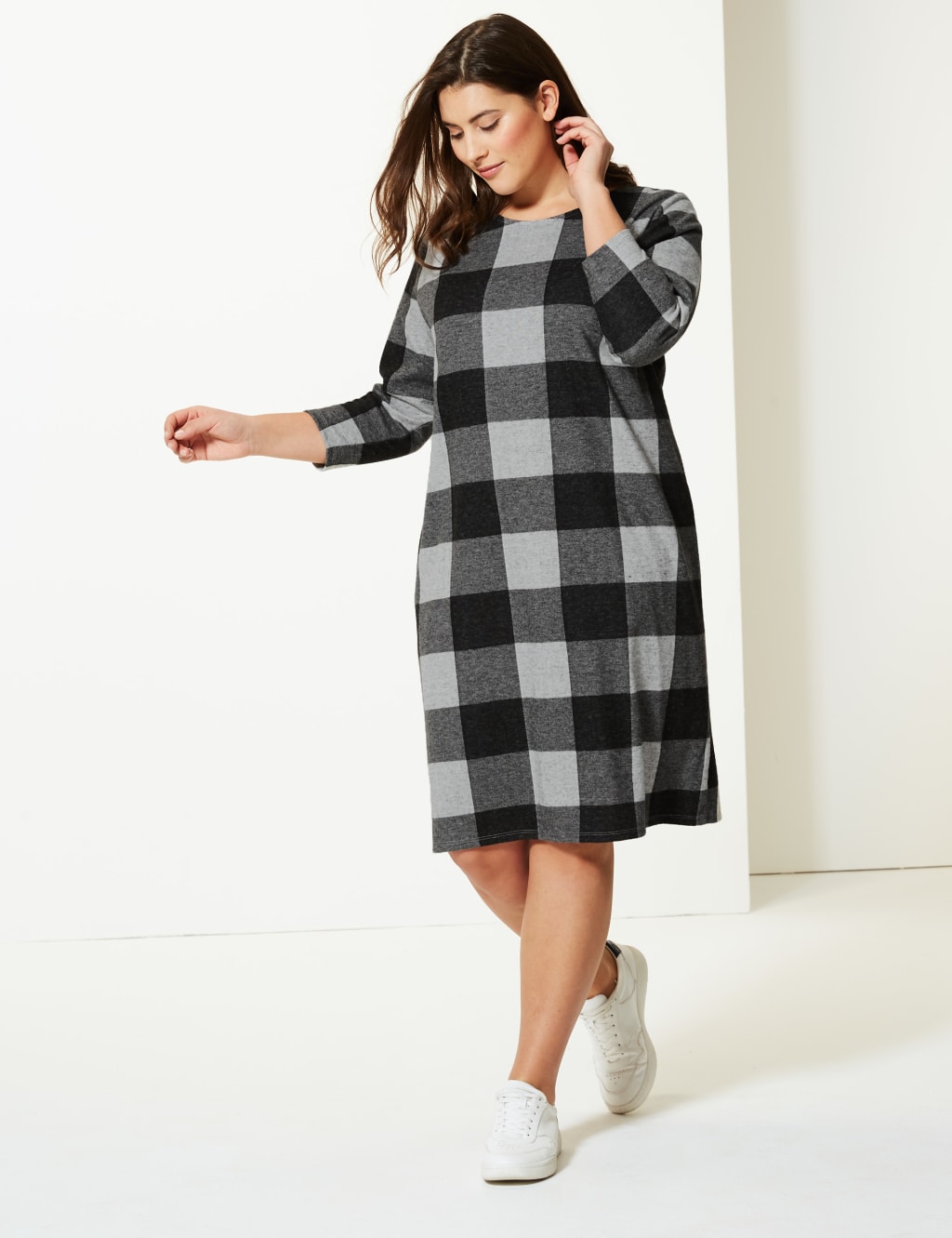 CURVE Checked 3 4 Sleeve Shift Dress M S Collection M S