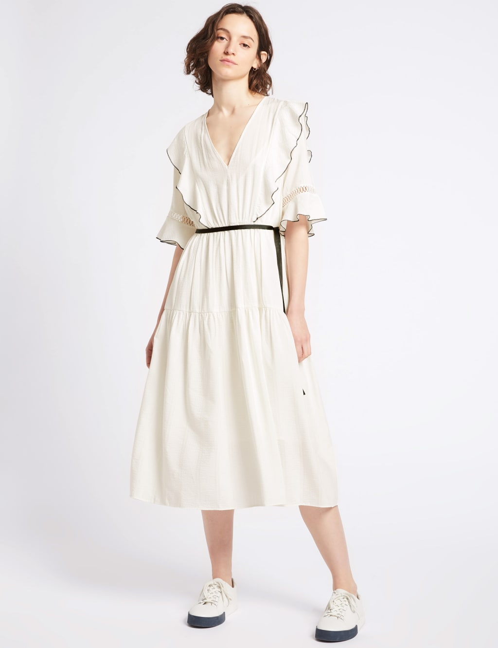 Seersucker Insert Half Sleeve Midi Tea Dress 1 of 6