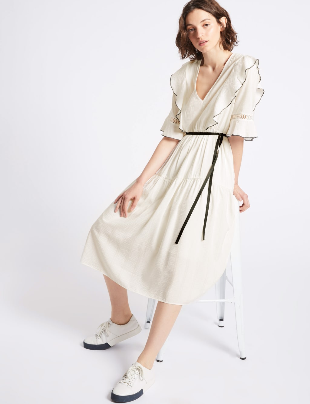 Seersucker Insert Half Sleeve Midi Tea Dress 3 of 6