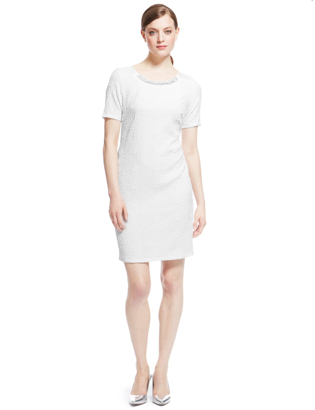 Jewel Neckline Daisy Jacquard Shift Dress 1 of 6
