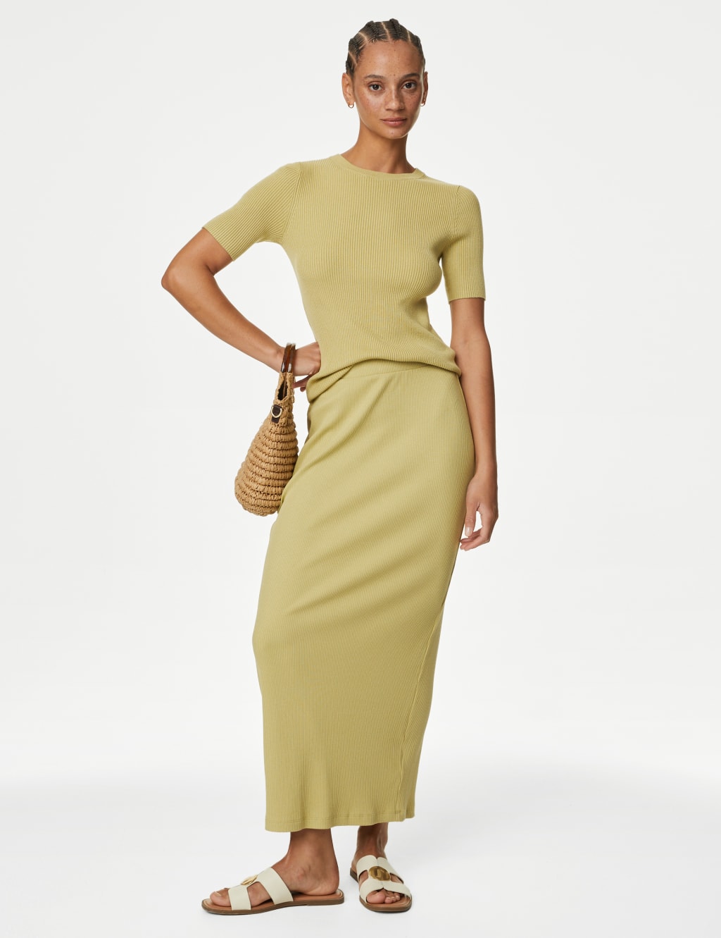 Cotton Blend Ribbed Midi Column Skirt 1 of 5