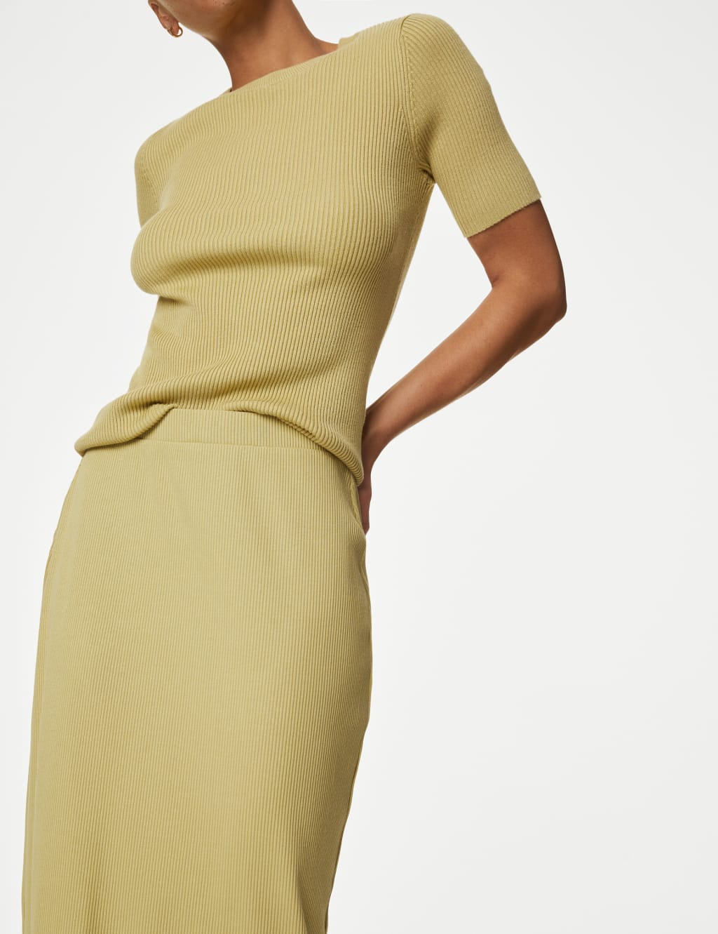 Cotton Blend Ribbed Midi Column Skirt 3 of 5