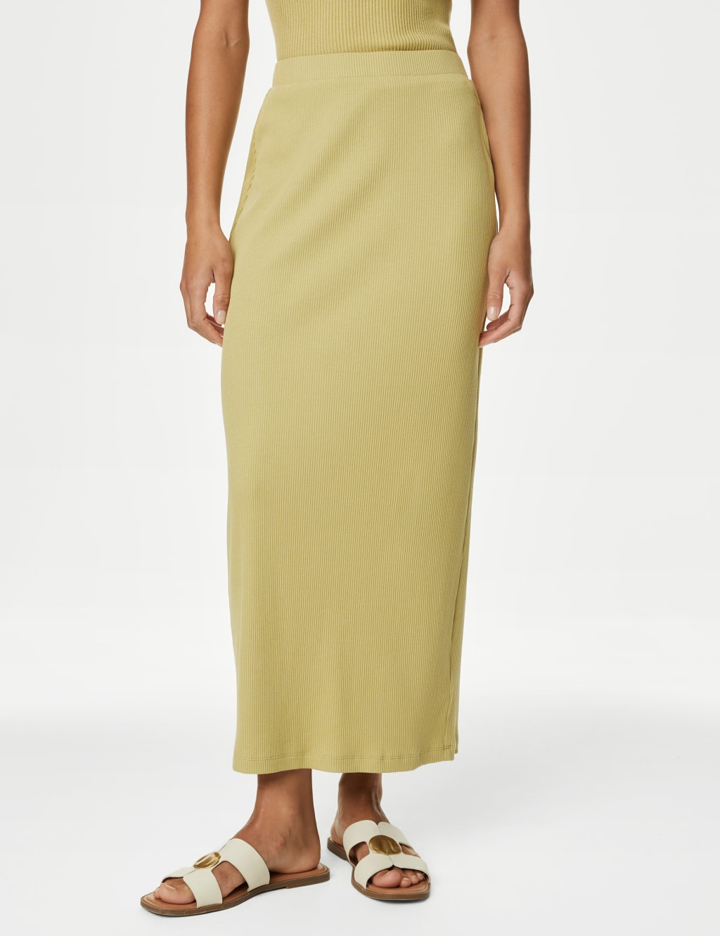 Cotton Blend Ribbed Midi Column Skirt 4 of 5