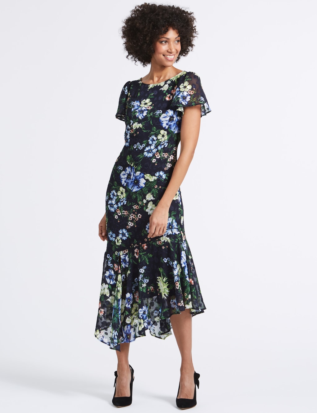 Floral Print Asymmetric Tunic Midi Dress M S Collection M S
