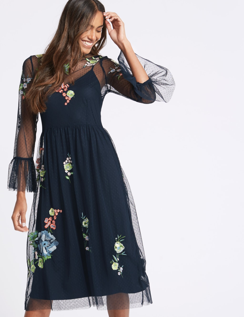 Mesh embroidered midi dress outlet