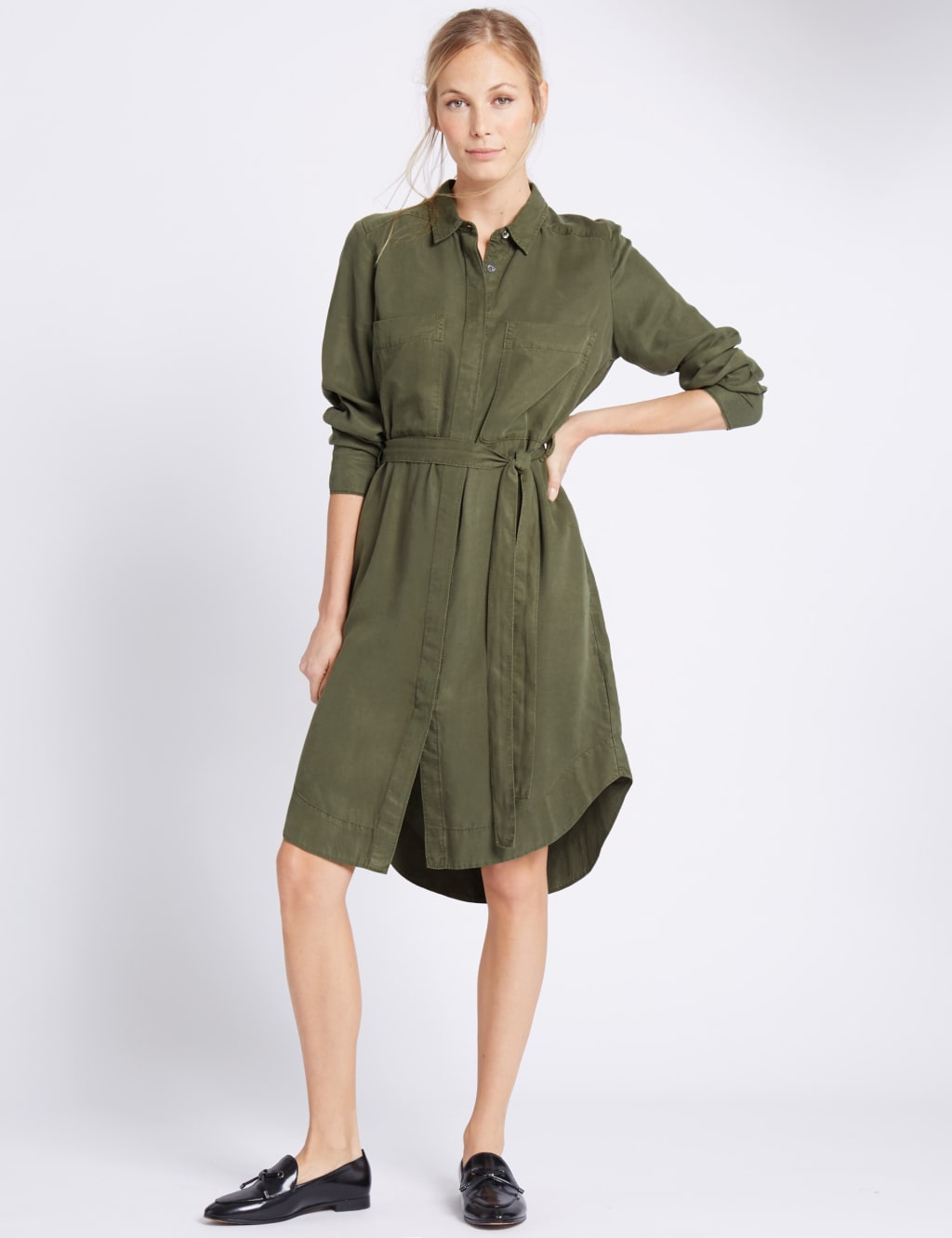 Long Sleeve Shirt Dress with Belt M S Collection M S