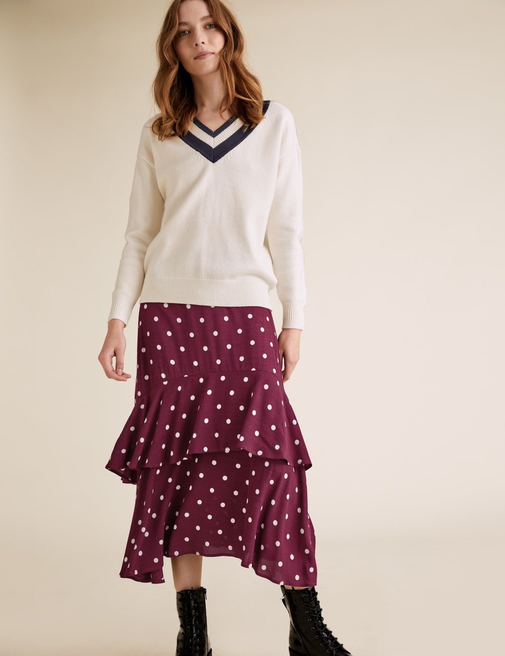 Polka Dot Ruffle Midi Tiered Skirt 1 of 4