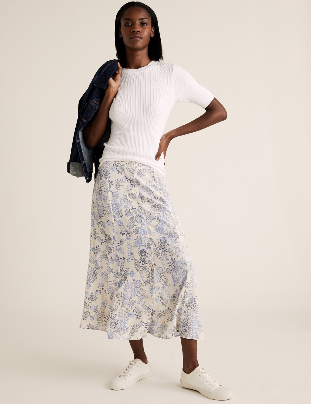 Floral Button Front Midi A-Line Skirt 1 of 4