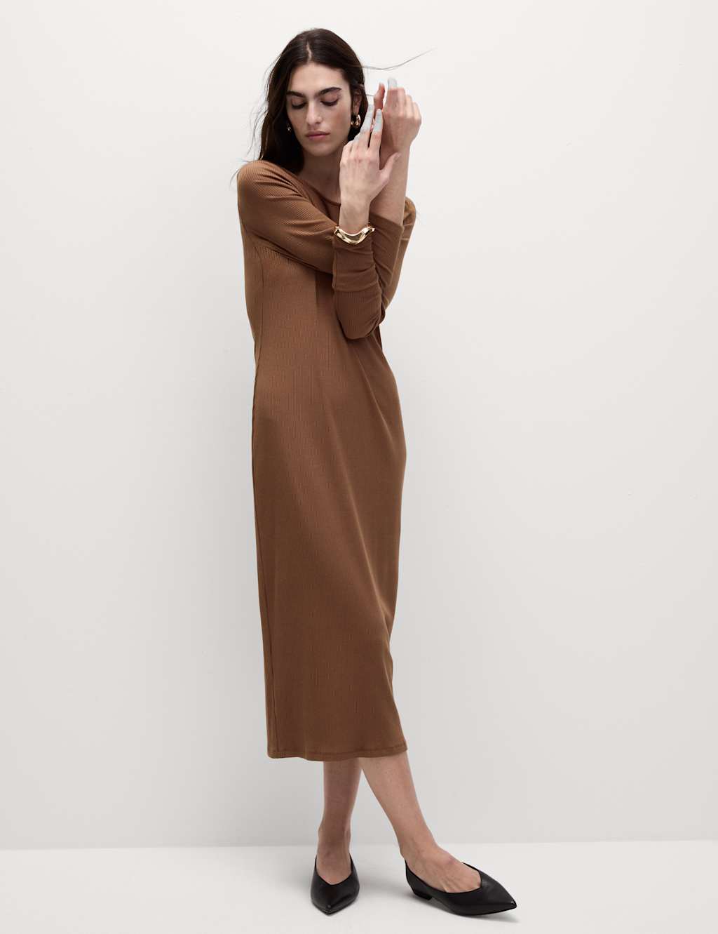 Cotton Blend Round Neck Midi Column Dress 1 of 6