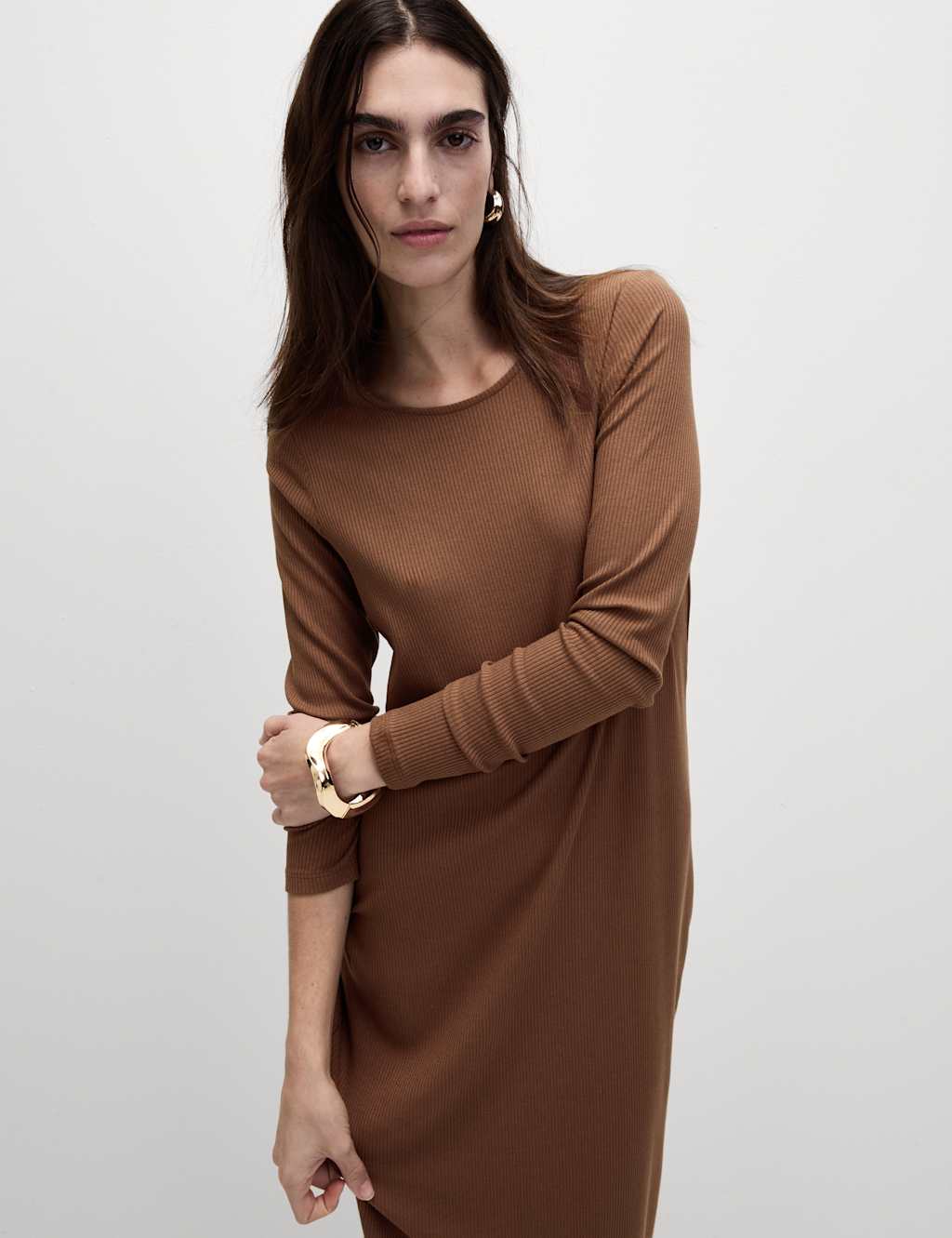 Cotton Blend Round Neck Midi Column Dress 3 of 6