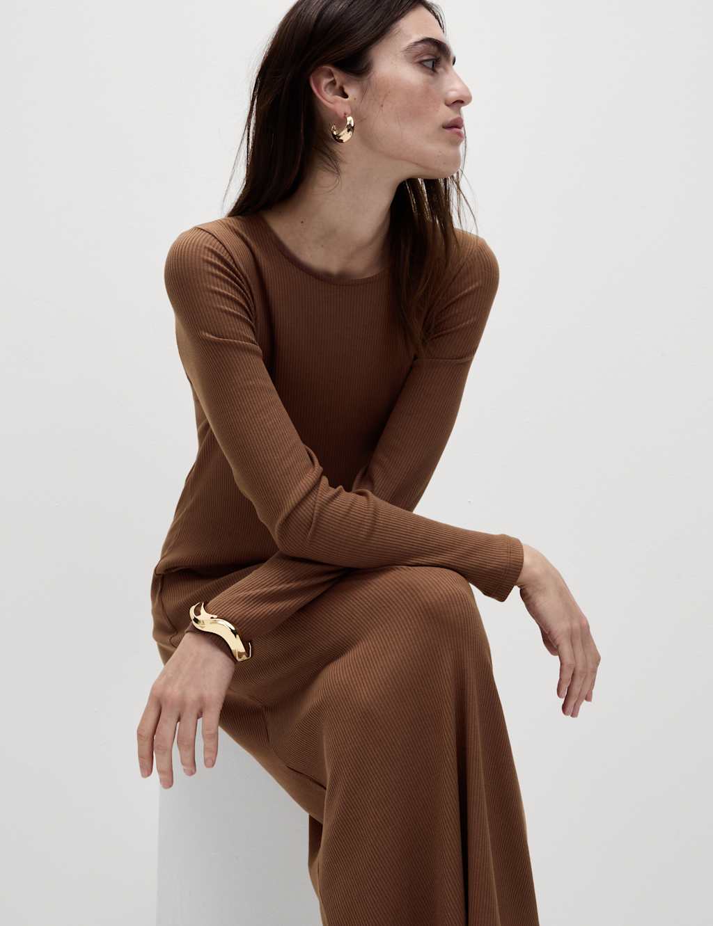 Cotton Blend Round Neck Midi Column Dress 5 of 6