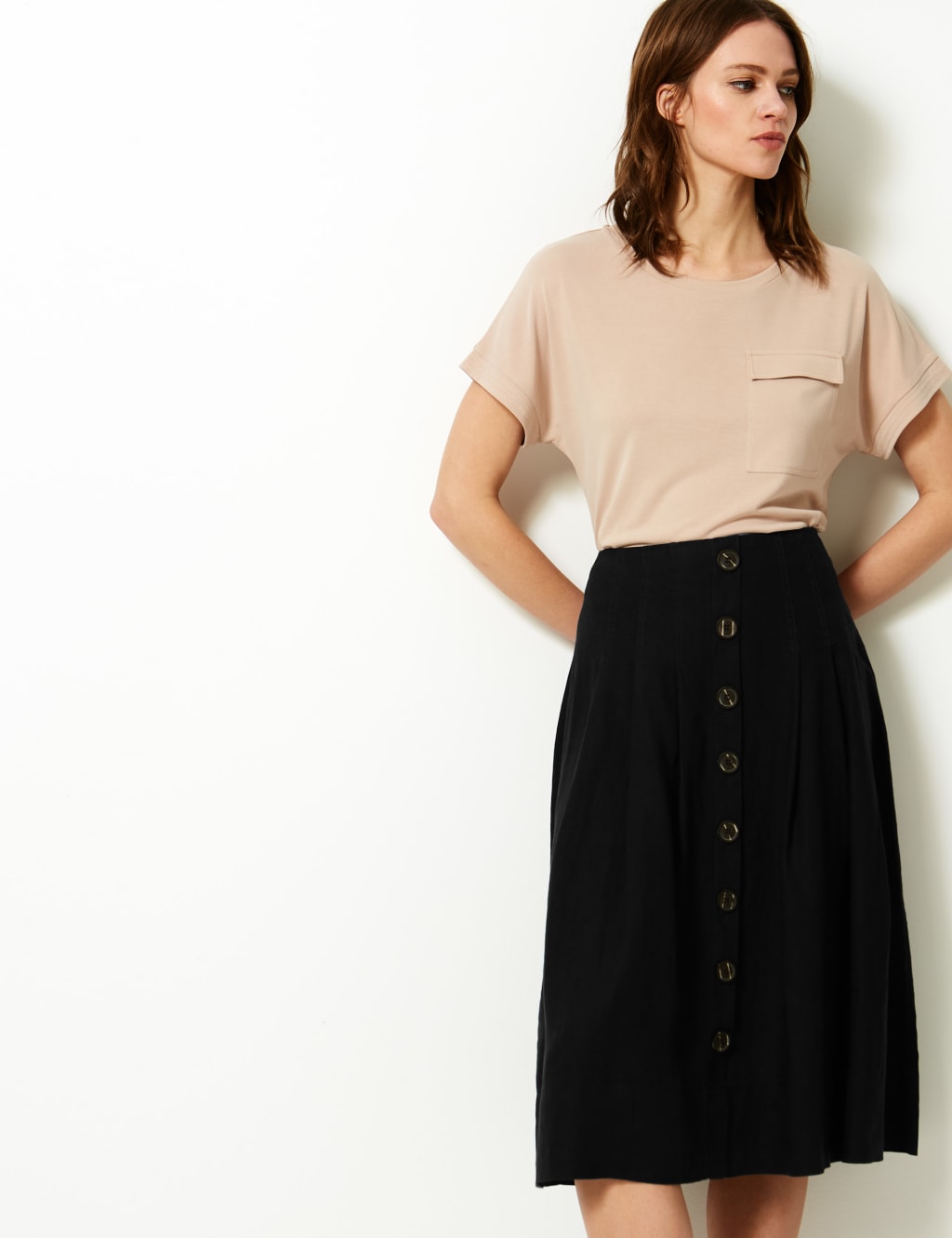 Linen Rich Fit Flare Midi Skirt M S Collection M S