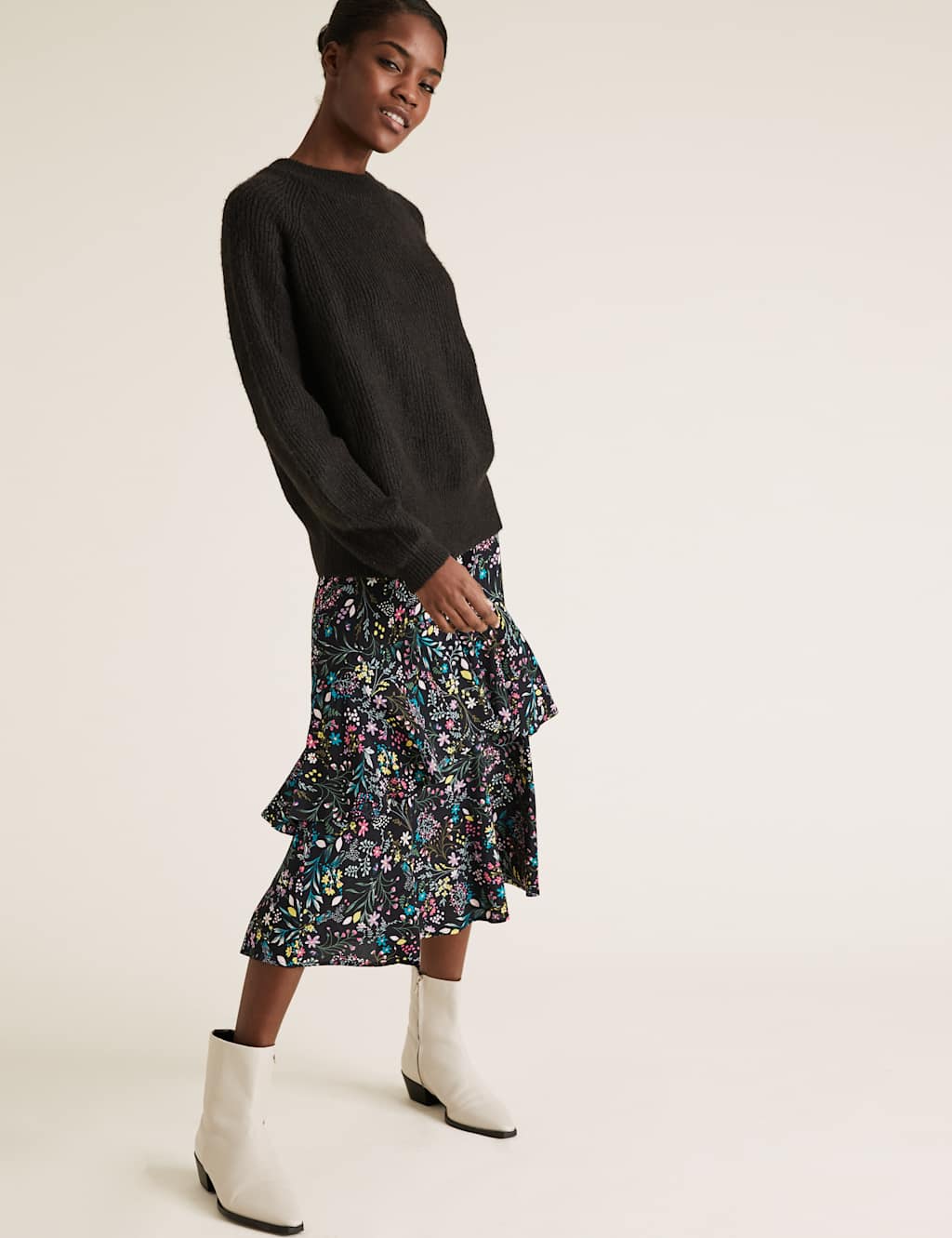 Floral Frill Detail Midi Tiered Skirt 1 of 4