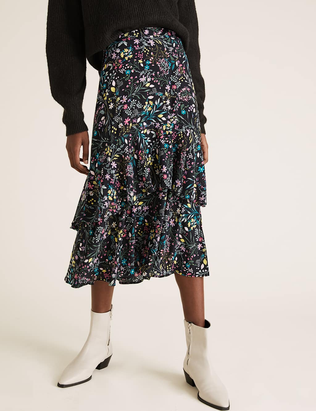 Floral Frill Detail Midi Tiered Skirt 3 of 4