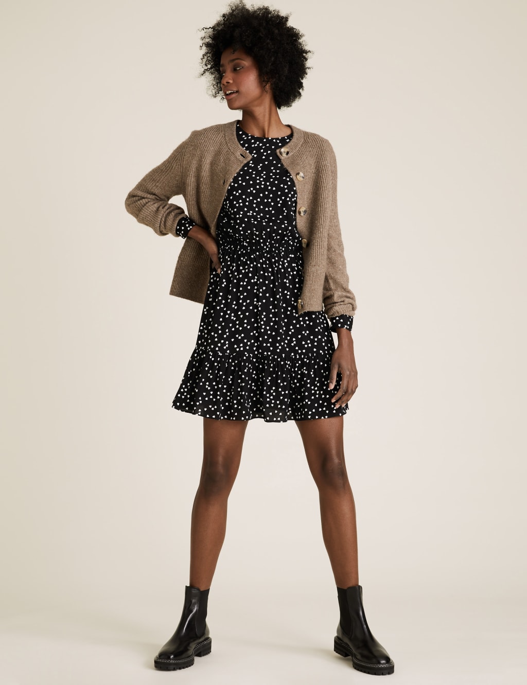 Heart Print Round Neck Mini Waisted Dress 1 of 5