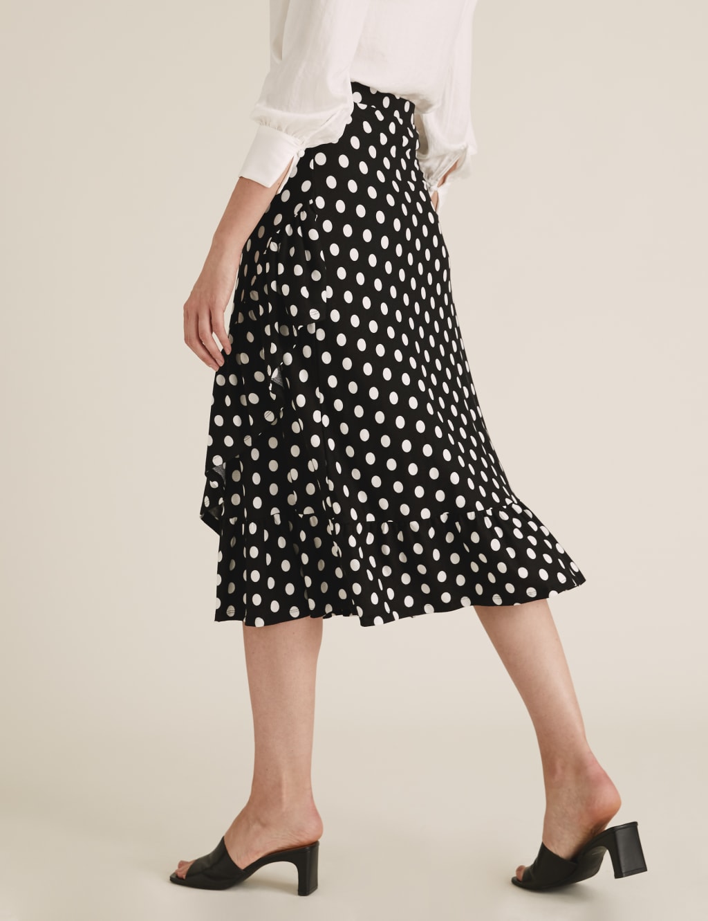 Jersey Polka Dot Ruffle Midi Wrap Skirt 3 of 4