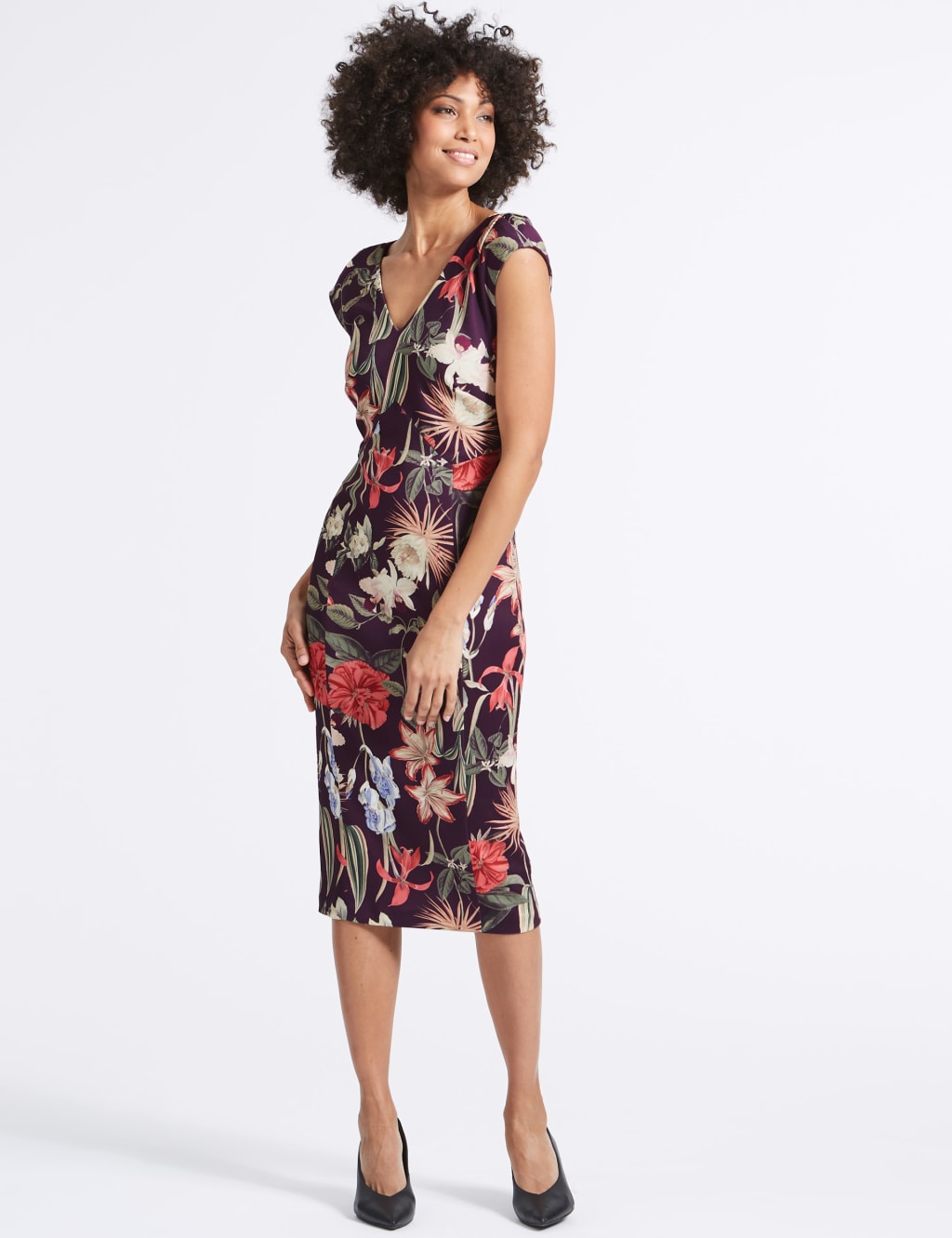 Floral Print Asymmetric Bodycon Midi Dress 1 of 5