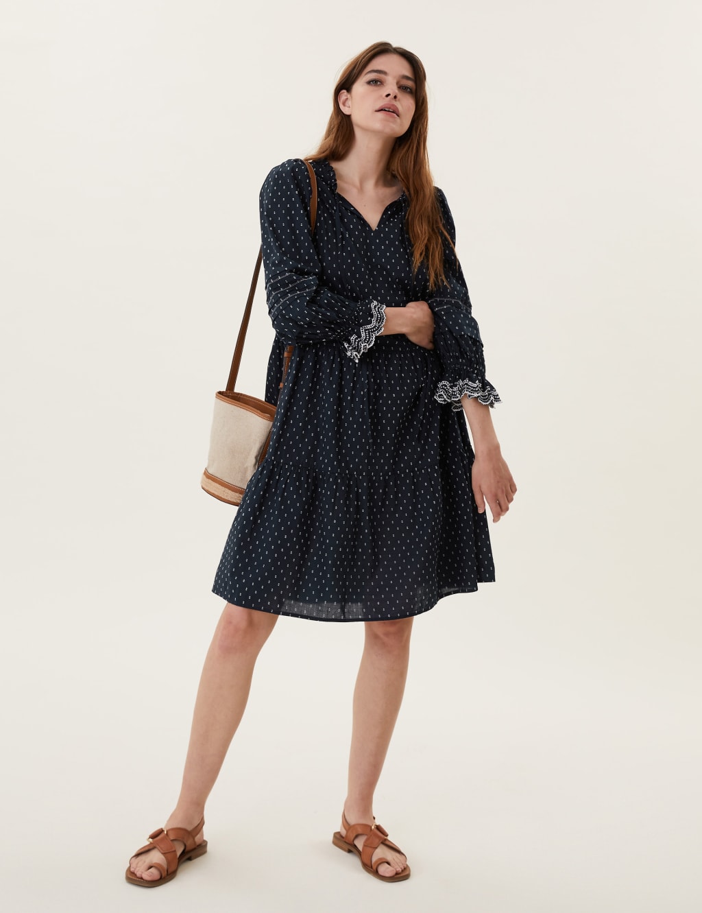 Cotton Printed Tie Neck Swing Dress M S Collection M S