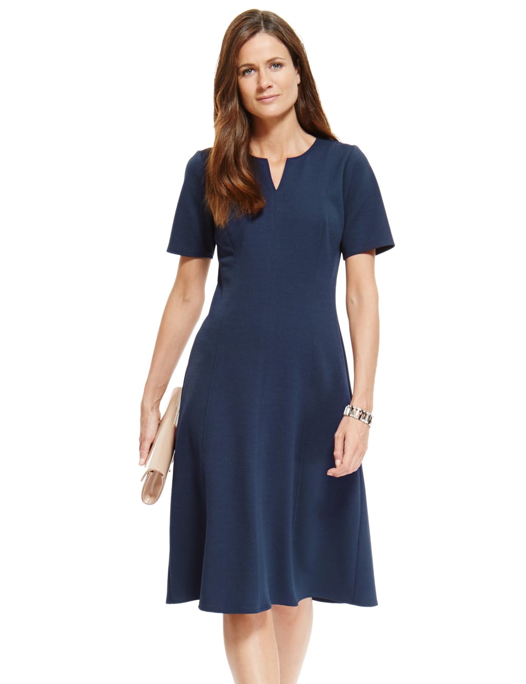 Notch Neck Textured Fit Flare Dress Classic M S