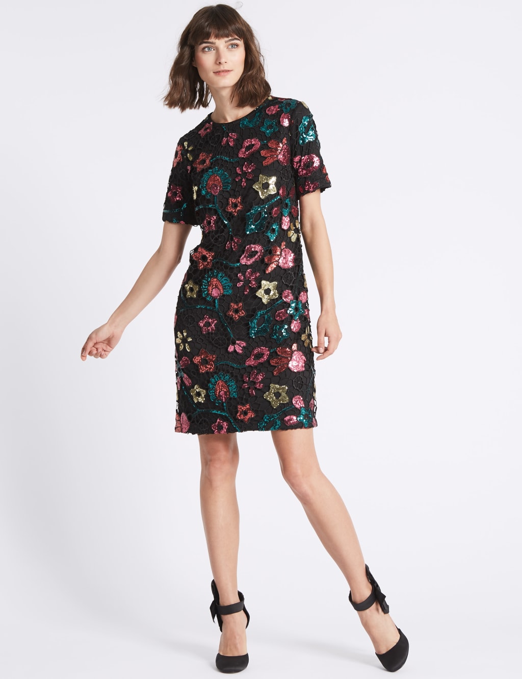 Sequin Flower Short Sleeve Tunic Dress Limited Edition M S