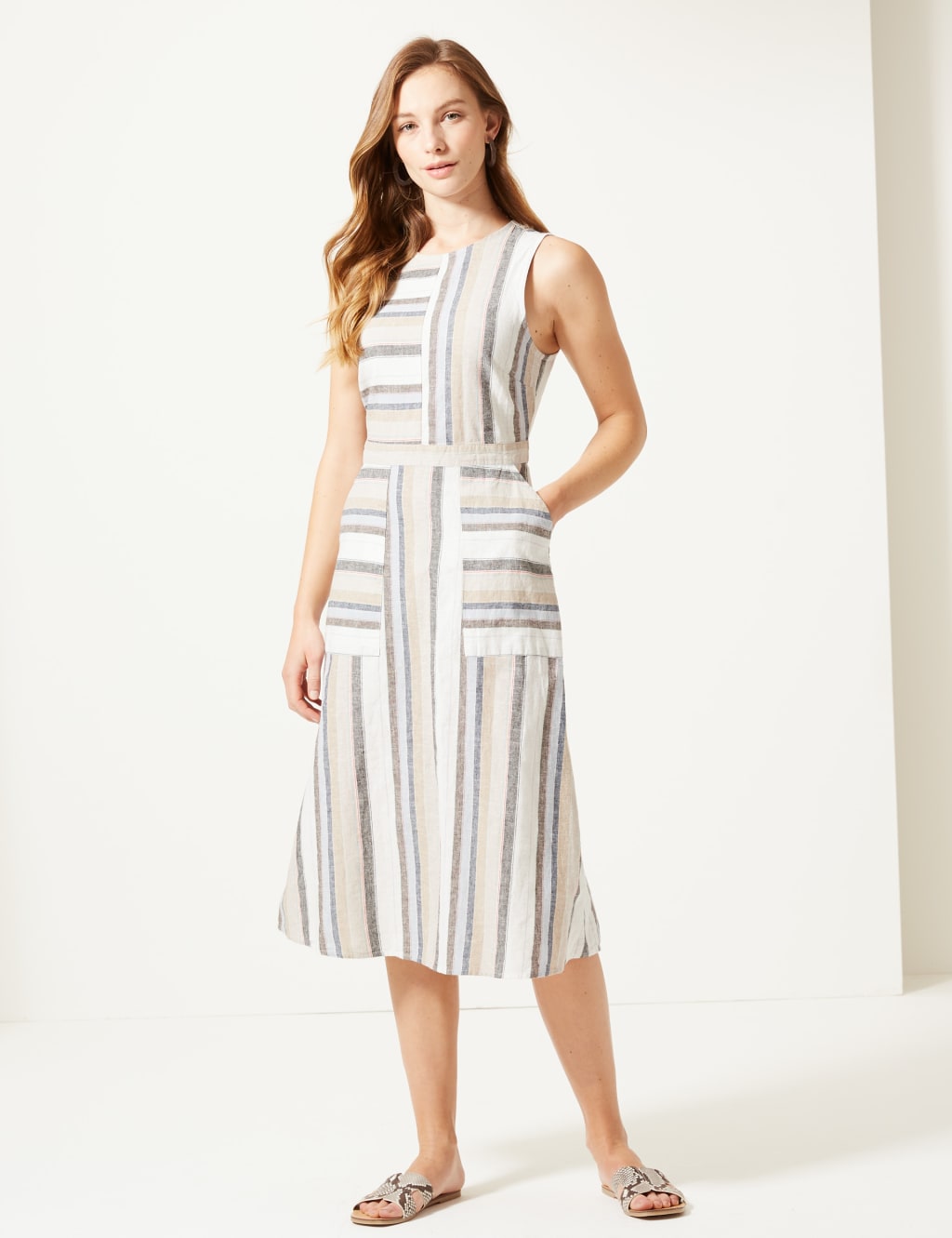 Linen Rich Striped Fit Flare Midi Dress M S Collection M S