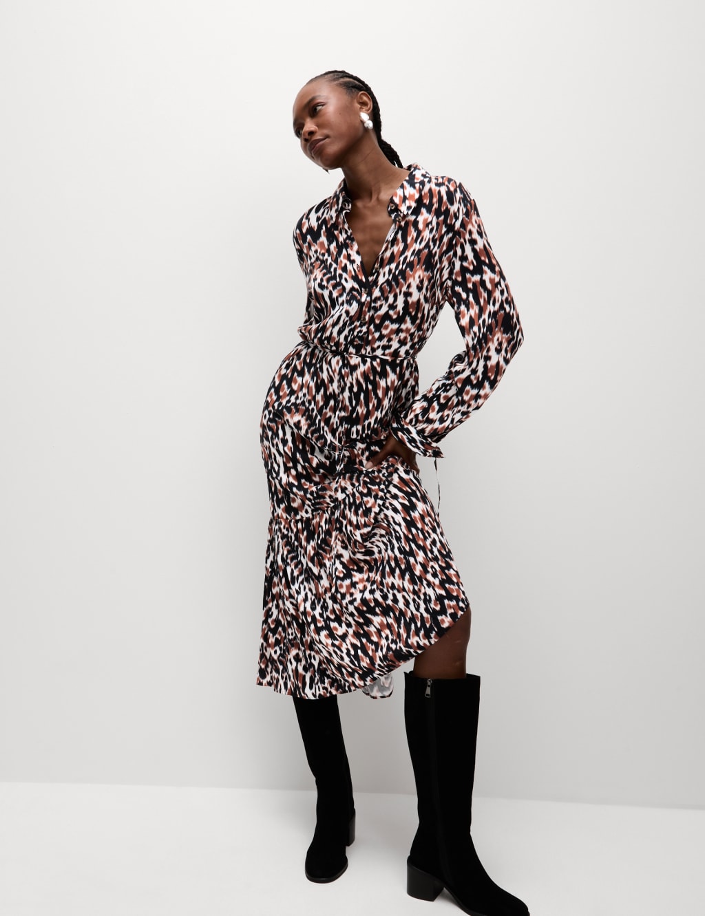 Printed Tie Waist Midi Shirt Dress M S Collection M S