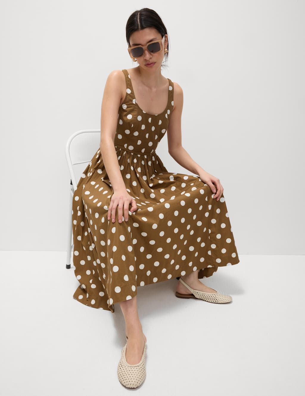 Pure Cotton Polka Dot Scoop Neck Midi Waisted Dress 3 of 6