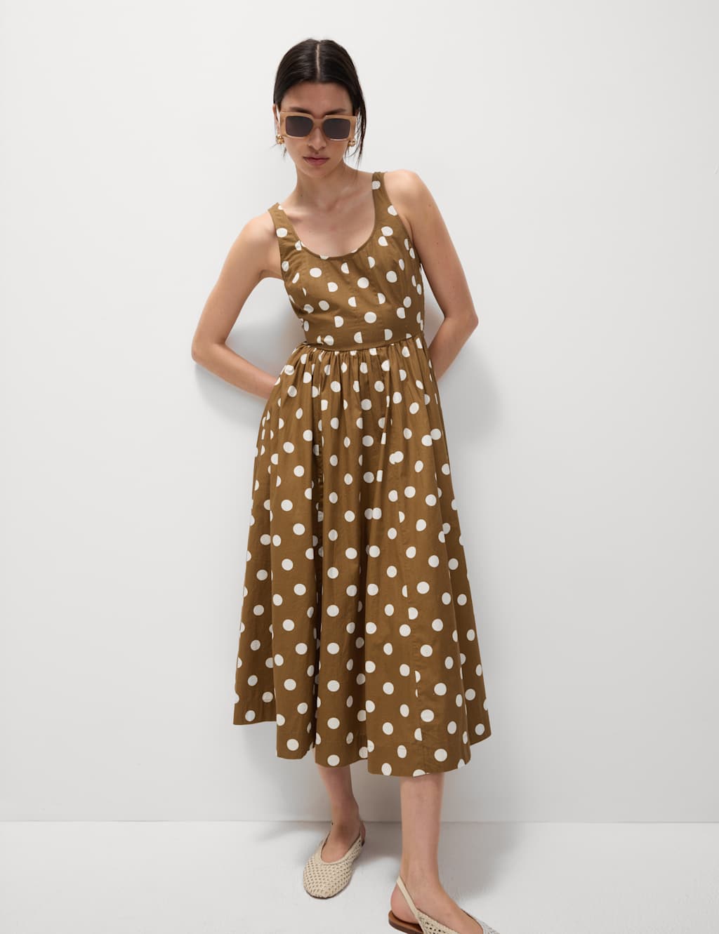 Pure Cotton Polka Dot Scoop Neck Midi Waisted Dress 5 of 6