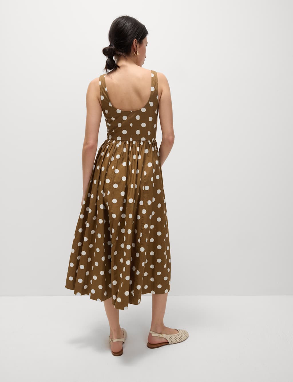 Pure Cotton Polka Dot Scoop Neck Midi Waisted Dress 6 of 6