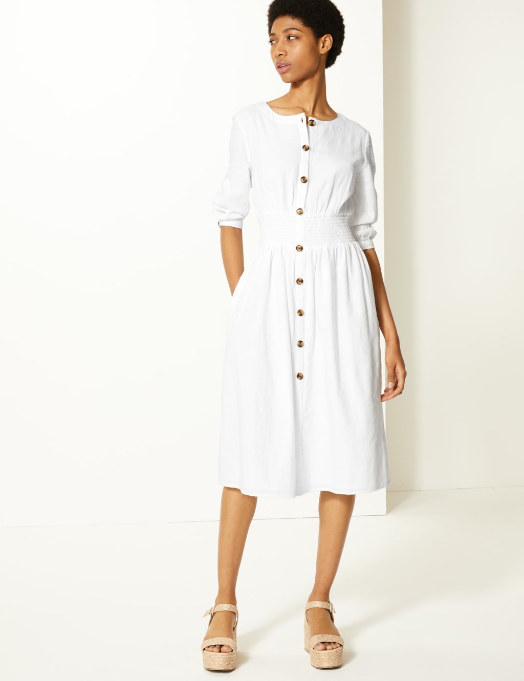 Pure Cotton 3 4 Sleeve Waisted Midi Dress M S Collection M S