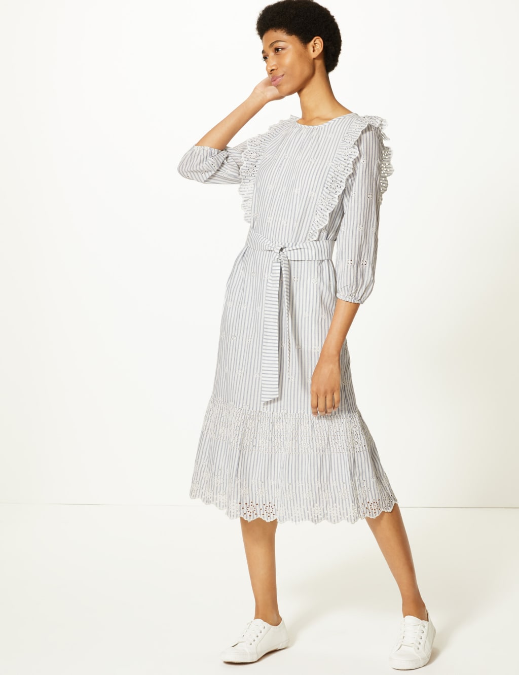 Pure Cotton Striped Waisted Midi Dress 1 of 4