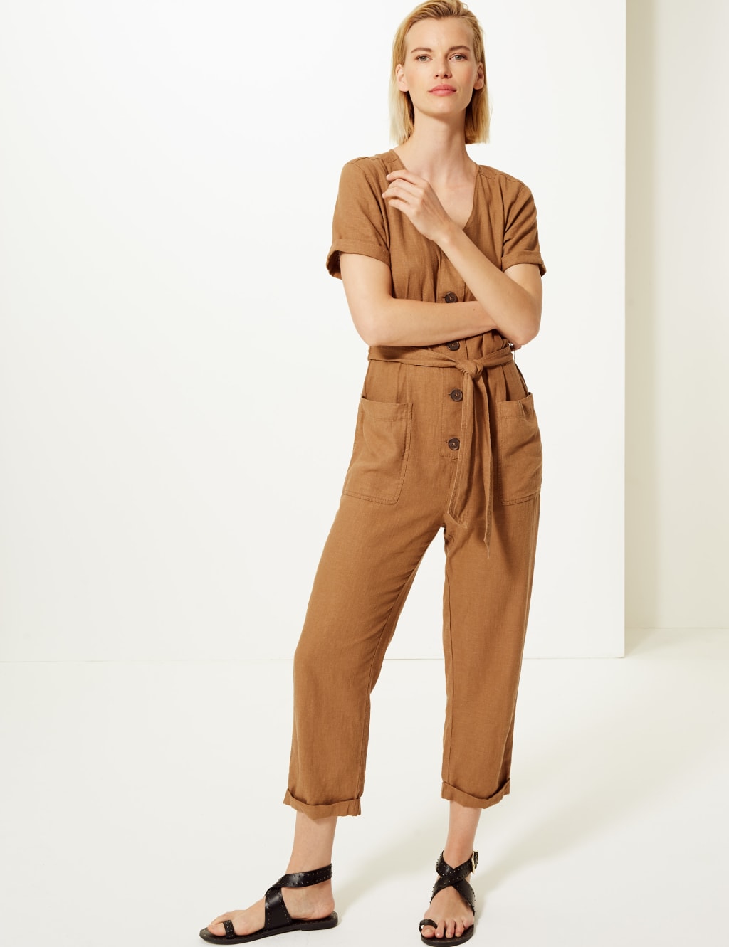 Linen Rich Button Detailed Belted Jumpsuit 3 of 4