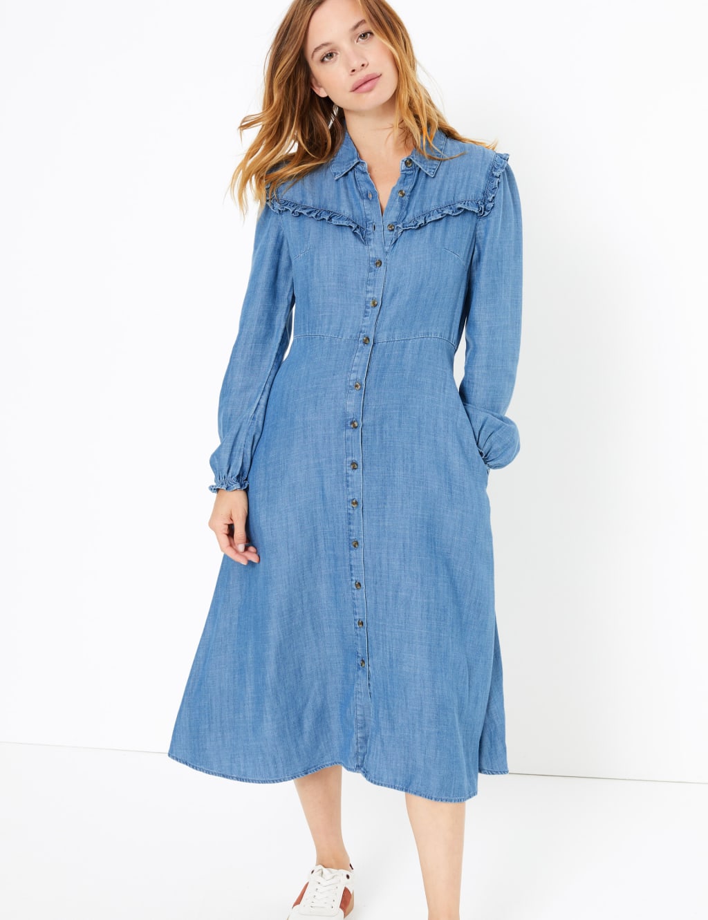 PETITE Denim Ruffle Midi Shirt Dress 3 of 5