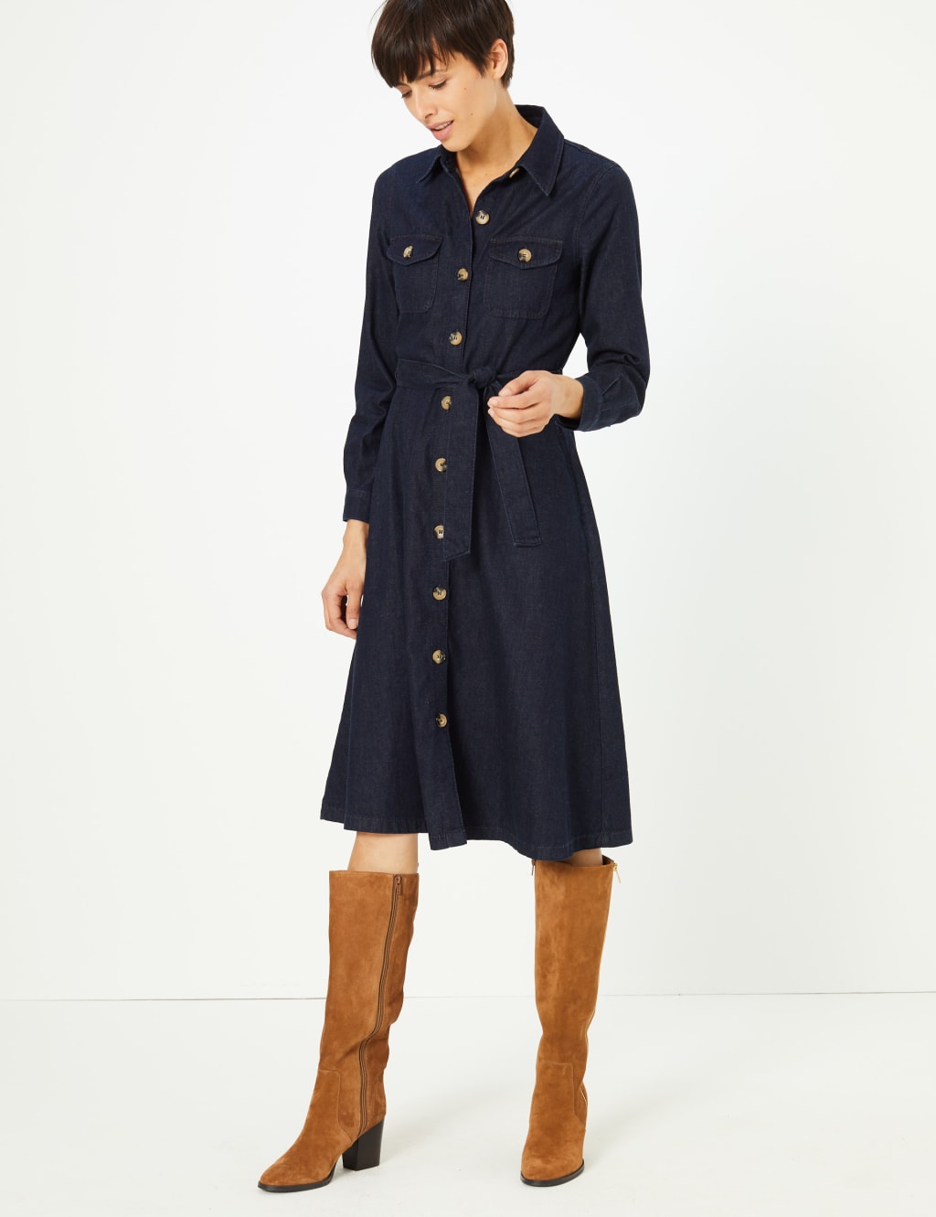 Denim Button Detailed Waisted Dress 1 of 4