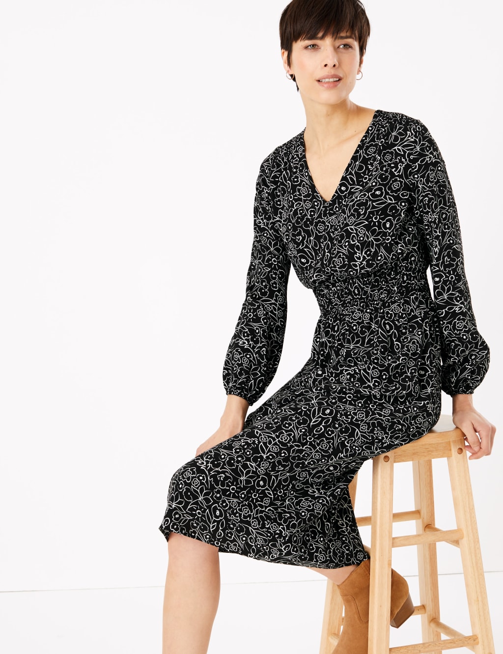Floral Print Waisted Midi Dress M S Collection M S