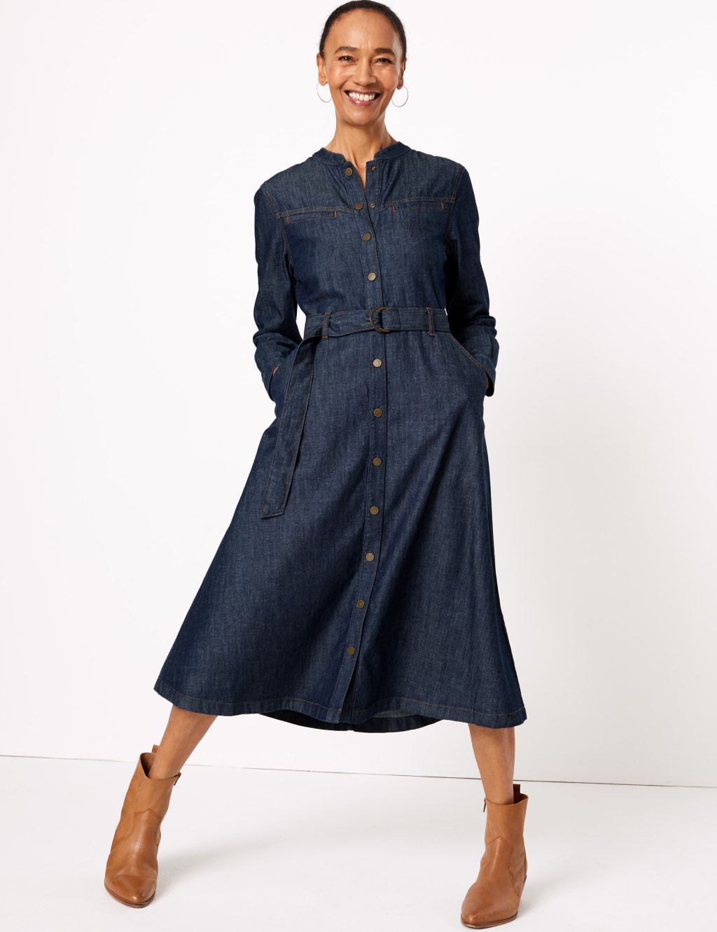 Co belted denim midi shirtdress clearance
