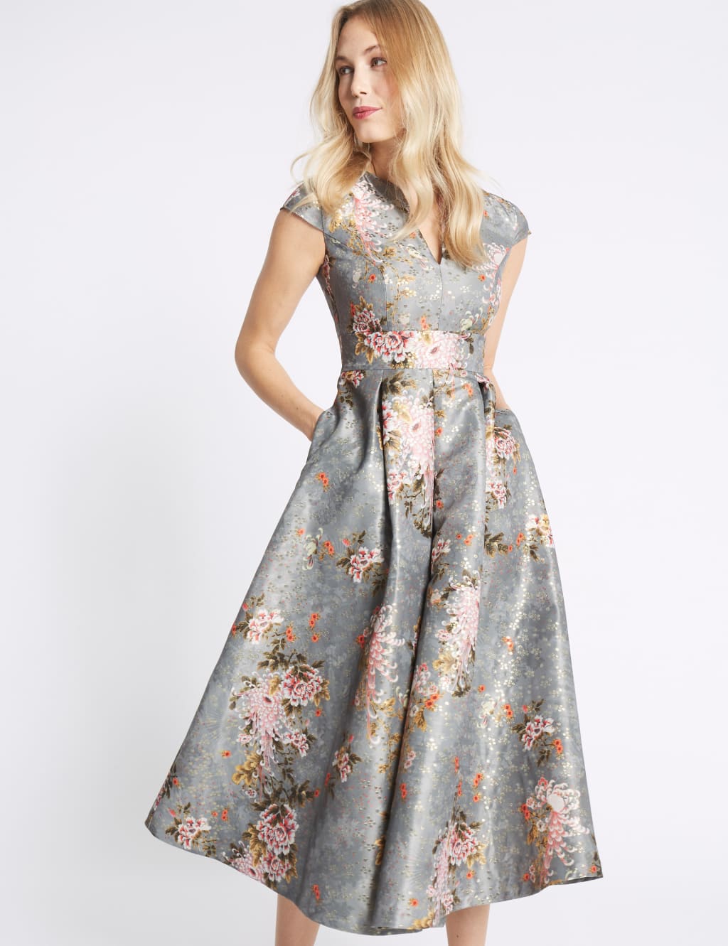 Jacquard Cap Sleeve Prom Midi Dress M S Collection M S