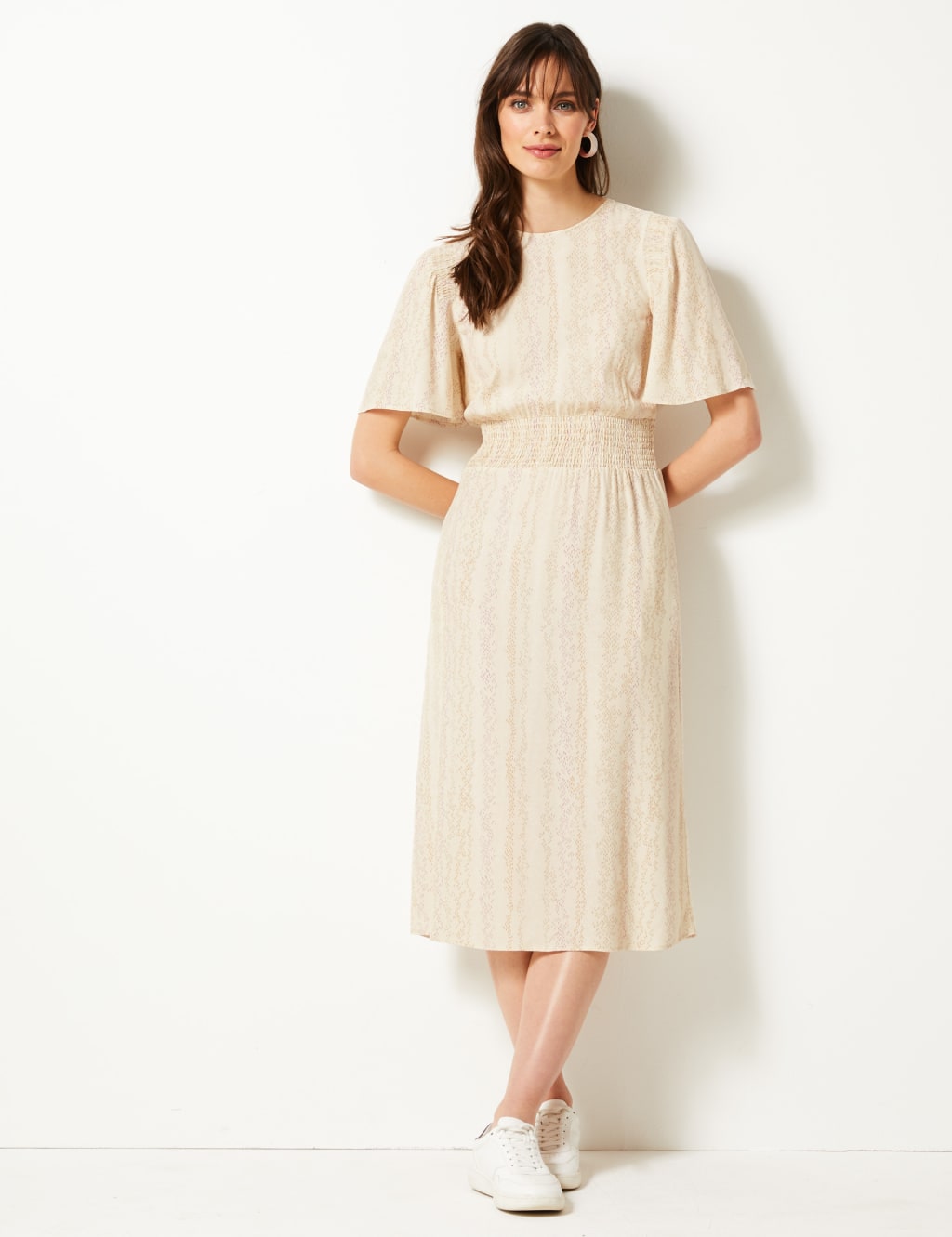 Shirred Shoulder Waisted Midi Dress 1 of 4