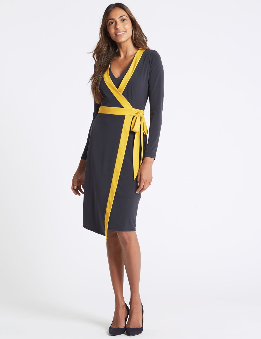 Contrast Trim Long Sleeve Wrap Midi Dress 1 of 5