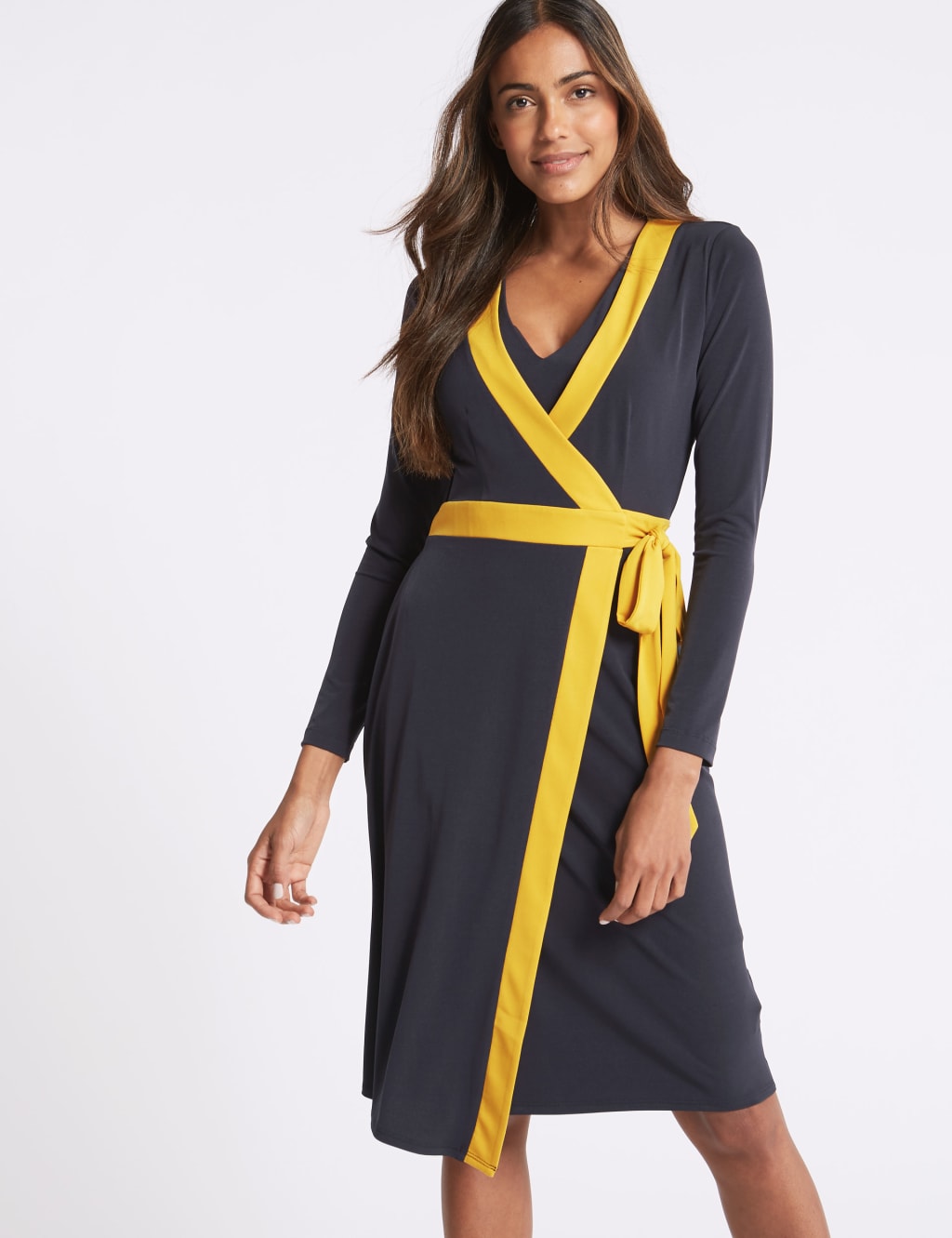 Contrast Trim Long Sleeve Wrap Midi Dress 4 of 5