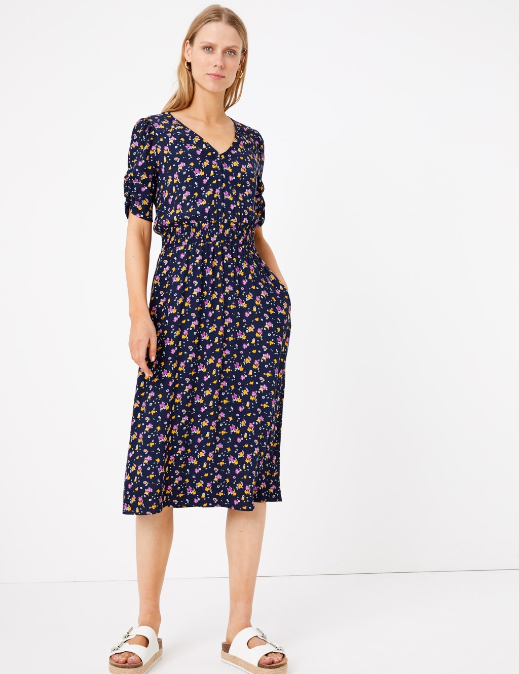 Ditsy Floral V-Neck Midi Waisted Dress 1 of 4