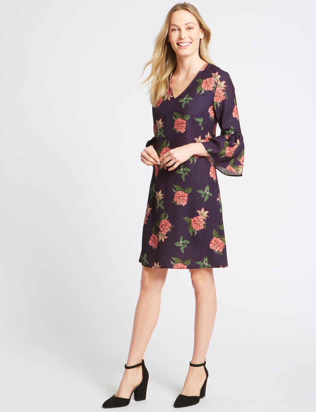 Floral Print Flared Cuff Sleeve Tunic Dress M S Collection M S