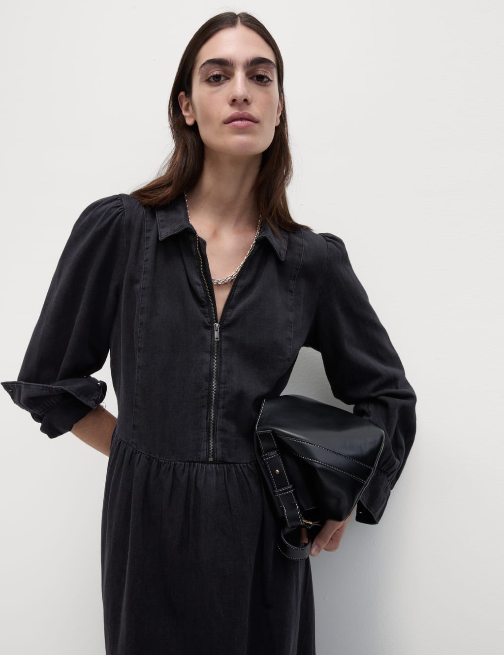 Black denim dress zipper front store