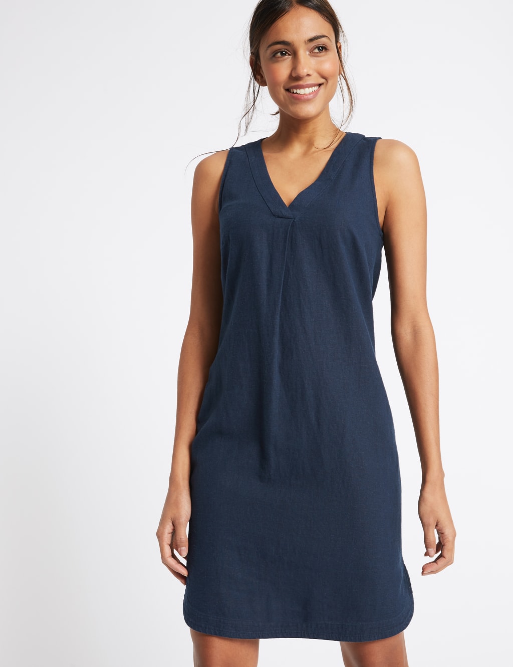 Linen Blend Curved Hem V-Neck Tunic Dress 3 of 5