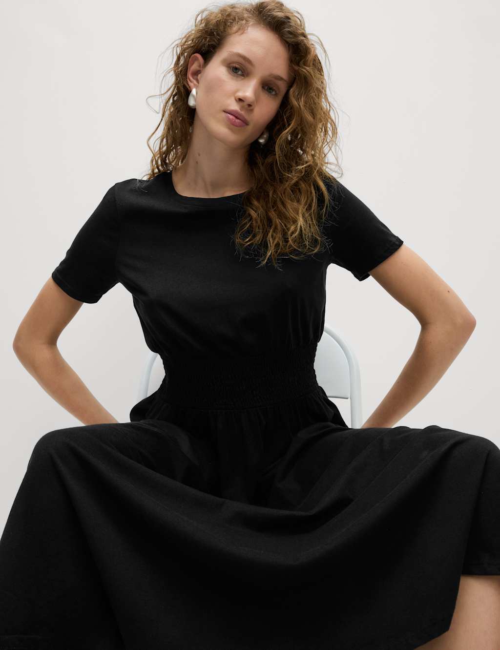 Pure Cotton Shirred Midi Waisted Dress 1 of 7