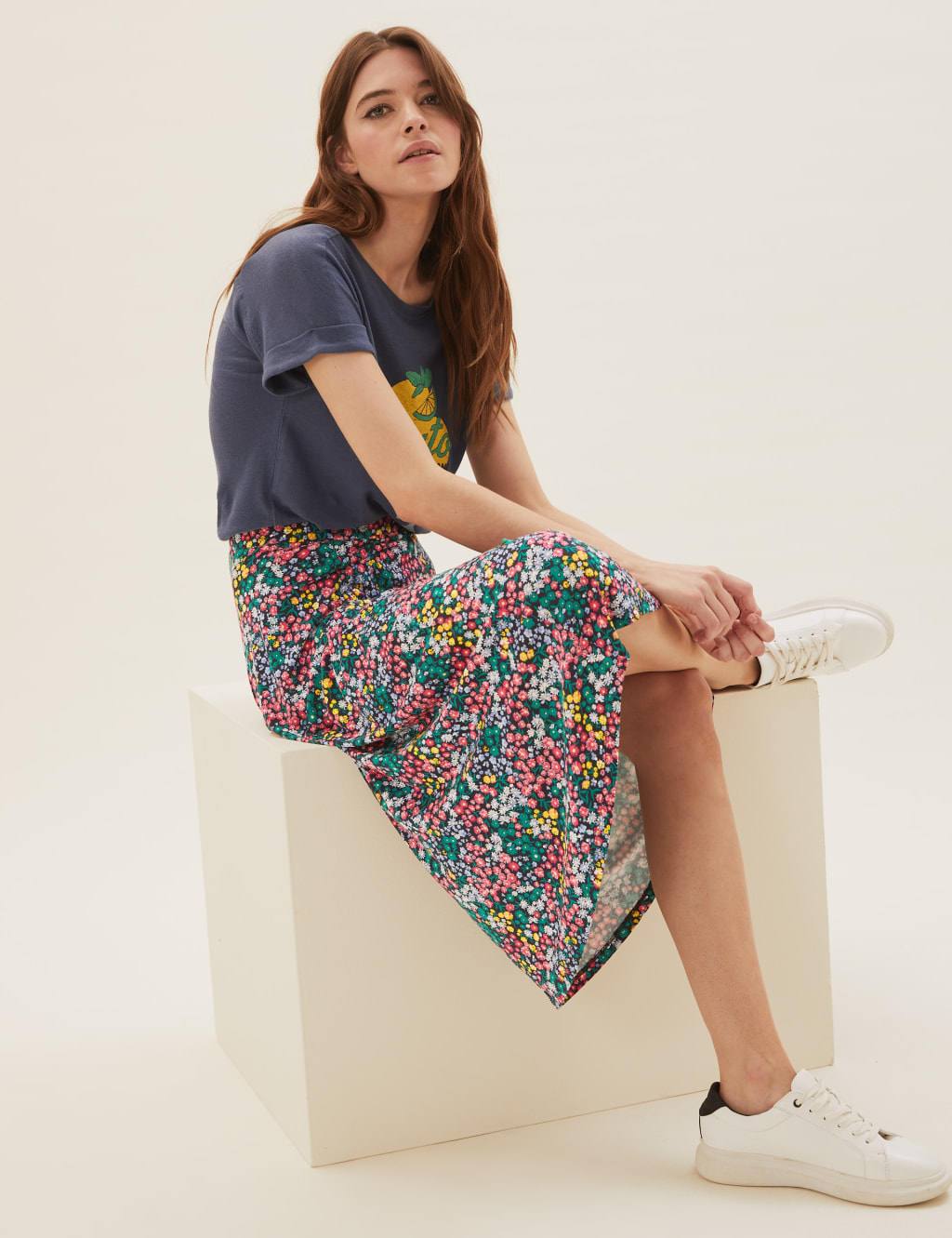 Jersey Floral Midi Skater Skirt 1 of 5